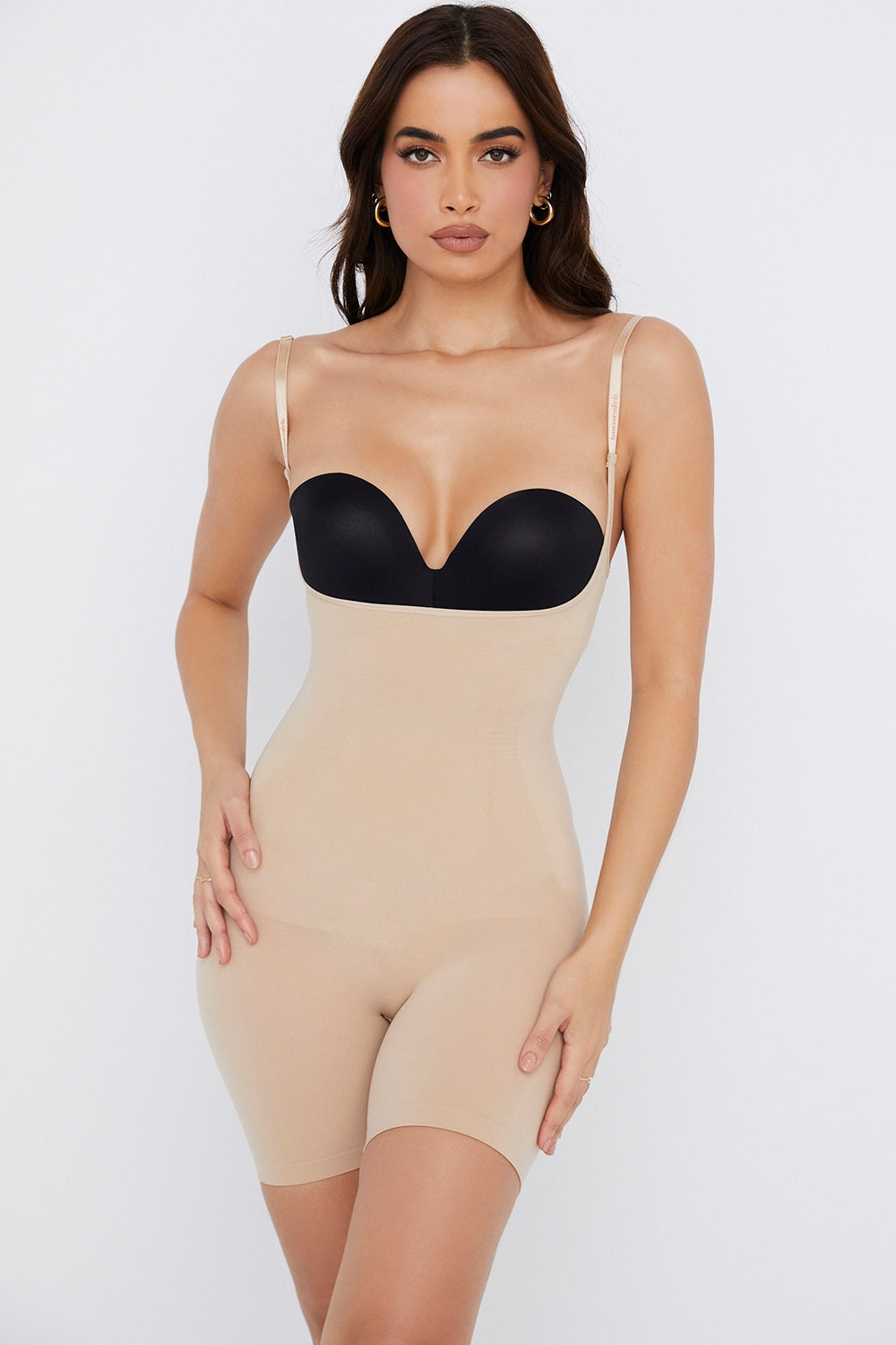 mid thigh sculpting bodysuit almond
