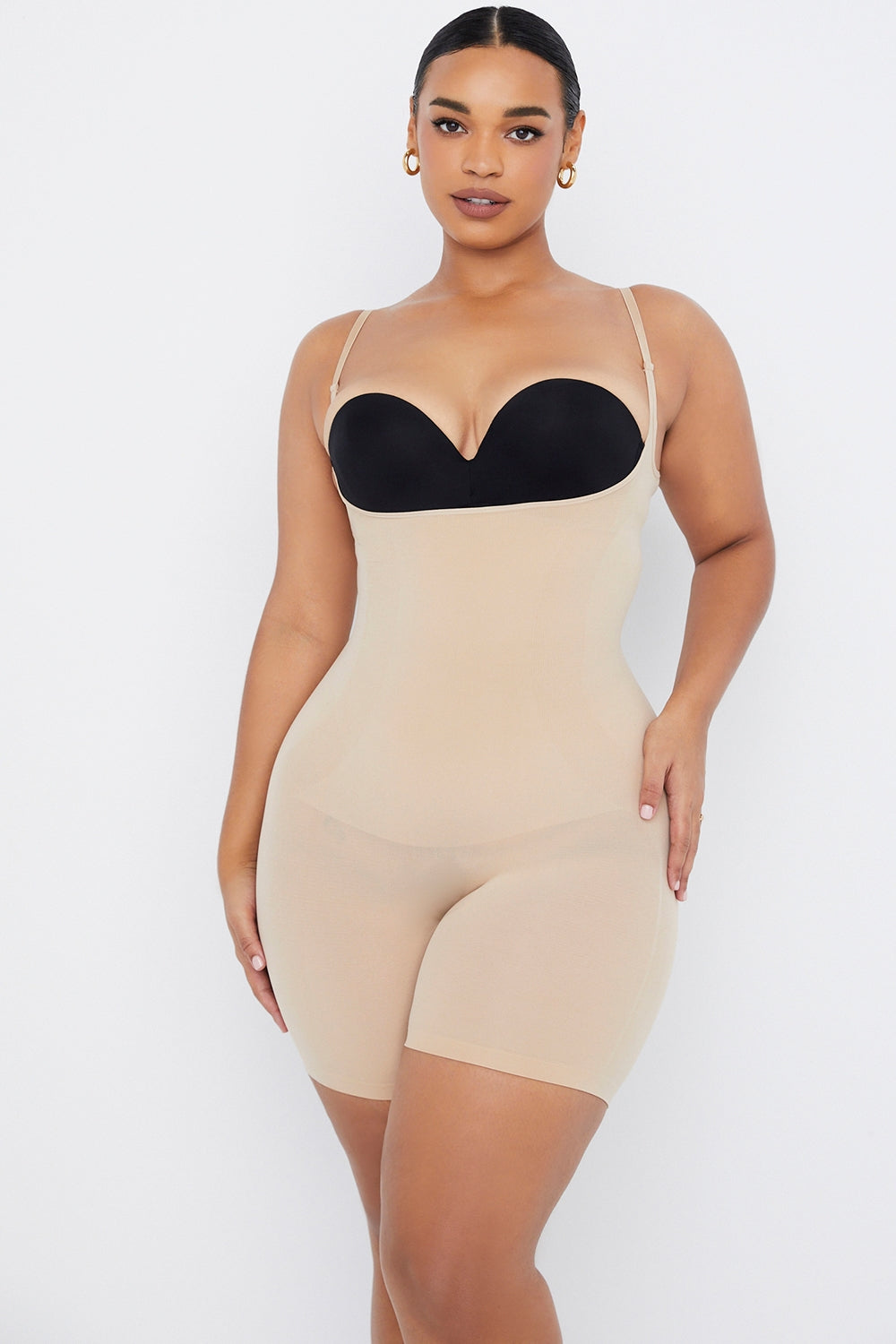 mid thigh sculpting bodysuit almond