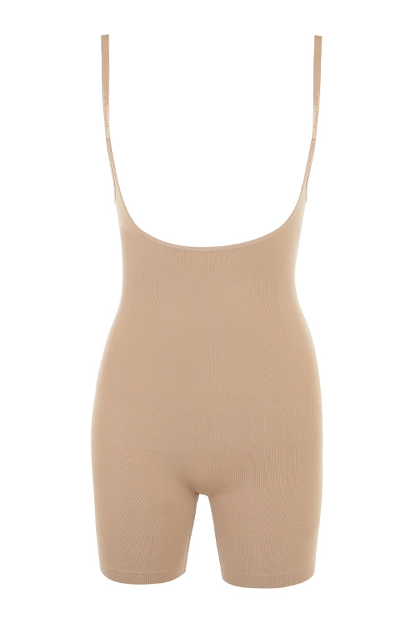 mid thigh sculpting bodysuit almond